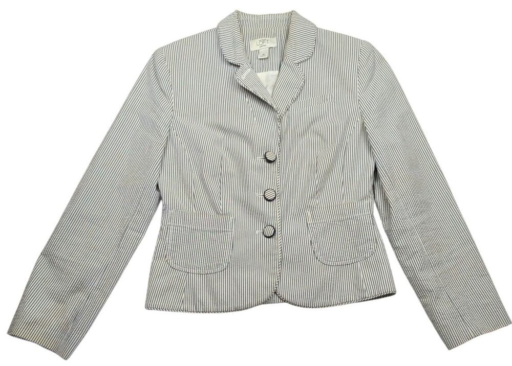 Anne Taylor LOFT Seersucker Gray / White Stripe Blazer Fitted 3 Button Size 4P